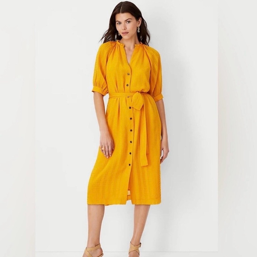 Ann Taylor Petite XXS Goldenrod Mustard Midi Dress with Puff Sleeve & Tie Waist